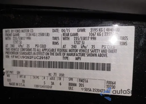 2015 Ford Escape Se z USA, uszkodzony, nr VIN 1FMCU9G92FUC29187